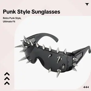 Punk Style Sunglasses - Retro 80s/90s Punk Rock Design with Spiked Decor, One-Piece Fashion Glasses for Party & Street Style, Black PC Frame with Novelty PCM Lens