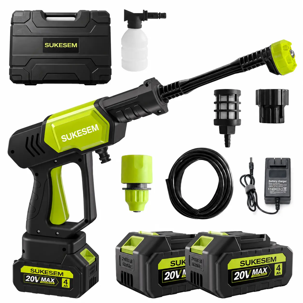SUKESEM Cordless High-Pressure Washer, Compact Portable Power Cleaner with 2 Batteries, Foam Cannon, Spray Nozzle, Foam Wash Boost, Fast Dirt Removal for Car Washing, Outdoor Cleaning, Power Washer