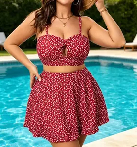 Women's plus size red floral print two-piece swimsuit - featuring a cut-out bow top and flared swim skirt, tummy control and slimming, quick-dry fabric, two-piece design friendly for plus sizes, perfect for beach vacations and - SummerVibes