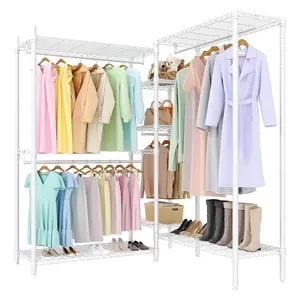 Garvee Heavy Duty Freestanding L-Shaped Clothes Rack – 7 Shelves & 4 Hanging Rods – Adjustable Portable Closet Organizer – Large Storage System for Bedroom or Cloakroom – White