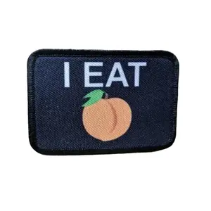 I eat peaches meme funny food black background  2"x3" removable morale patch with hook and loop backing