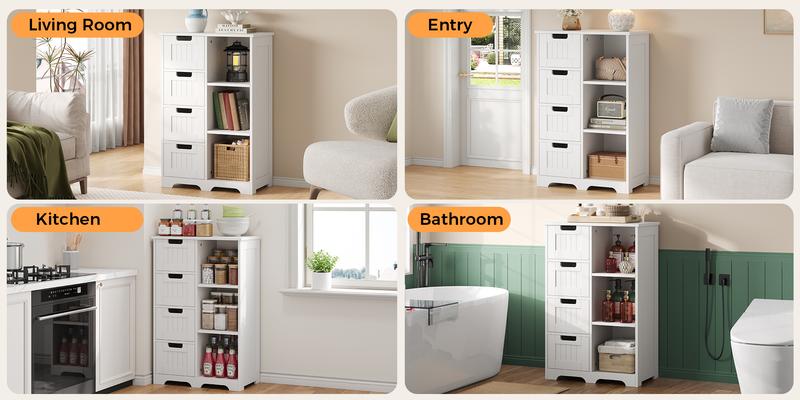 Wooden Bathroom Floor Cabinet, Side Storage Organizer with 4 Drawers, 1 Cupboard & 2-Shelves, White Wooden Bathroom Floor Cabinet, Side Storage Organizer with 4 Drawers, 1 Cupboard & 2-Shelves, White