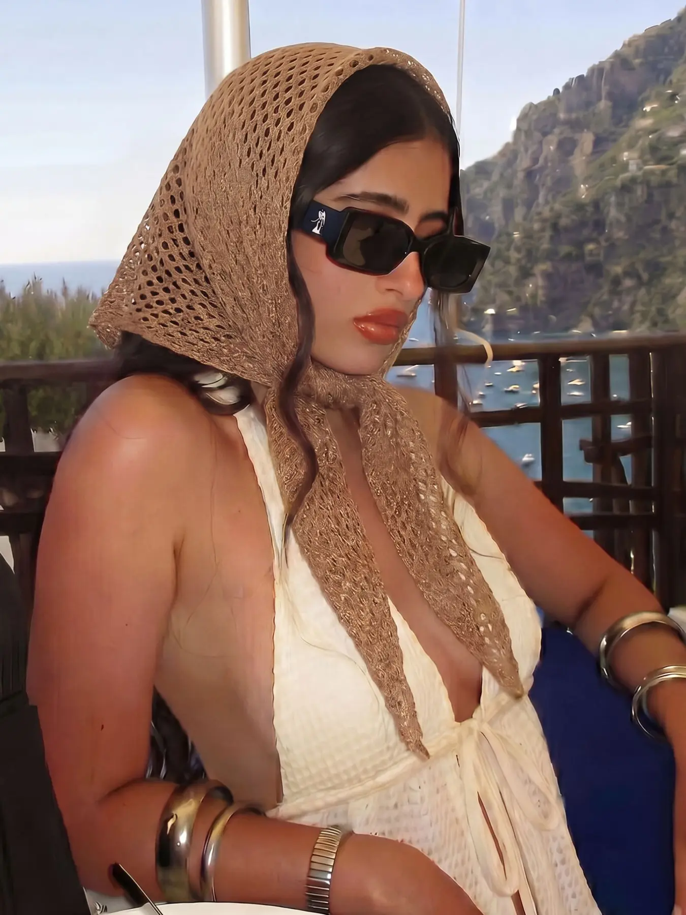 Brown knitted hollow triangle scarf French retro lazy style headband Versatile breathable headscarf Seaside resort atmosphere scarf Hijab