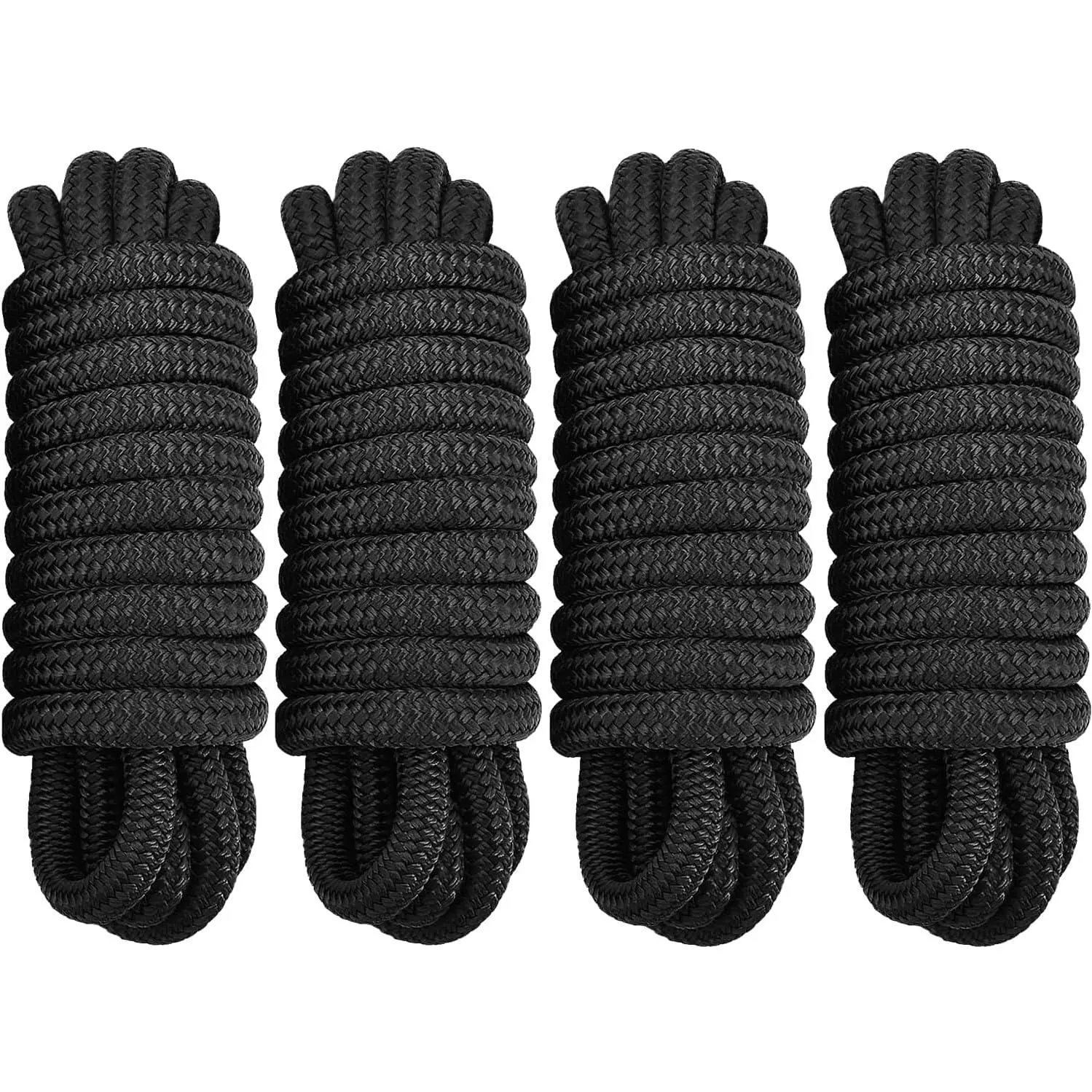4 Pack 1/2" x 20' Black Marine Grade Nylon Boat Ropes with 12" Eyelet for Docking & Mooring Double Braided High Strength Fray Resistant UV Protection