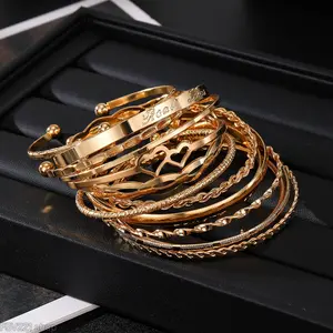 15/14/13 Piece Gold Stackable Bangle Set Vintage Multi-Layer Cuff Bracelets with Charms Boho Minimalist Jewelry Gift for Her