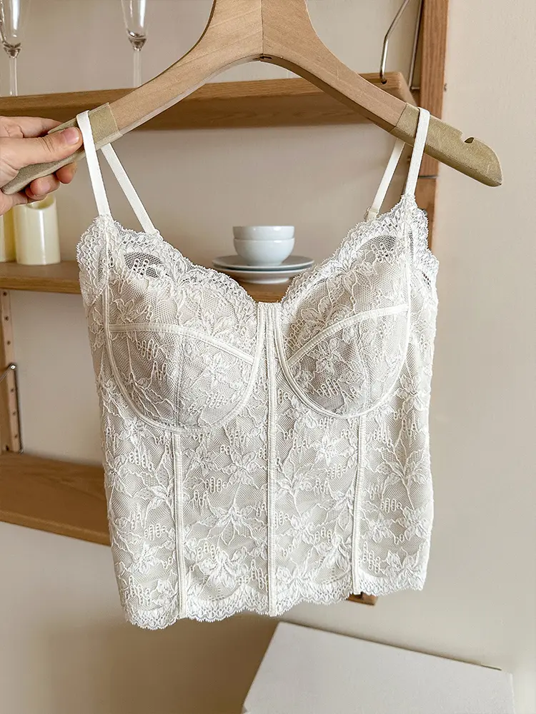Women's Sleeveless Tops, Sweet Lace Cotton Camisole with Built-in Bra, Sexy Spring Layering Tank, Creamy White, Elastane, Nylon