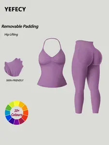 Women's Yoga Sports Set, Halter Neck Padded Tank Top + High Waist Butt Lifting Leggings, All Seasons Sportswear, High Stretch Sporty, Plain Fashion, Workout Running Clothes, Workout Sets Women