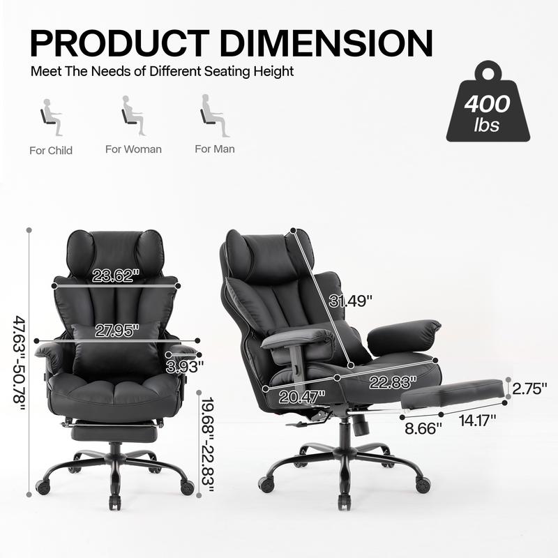 Gzagdecr Big and Tall Office Chair 400lbs PU Leather High Back Gaming Chair with Foot Rest Reclining Executive Ergonomic Office Chairs Lumbar Support Computer Chair Adjustable Armrests
