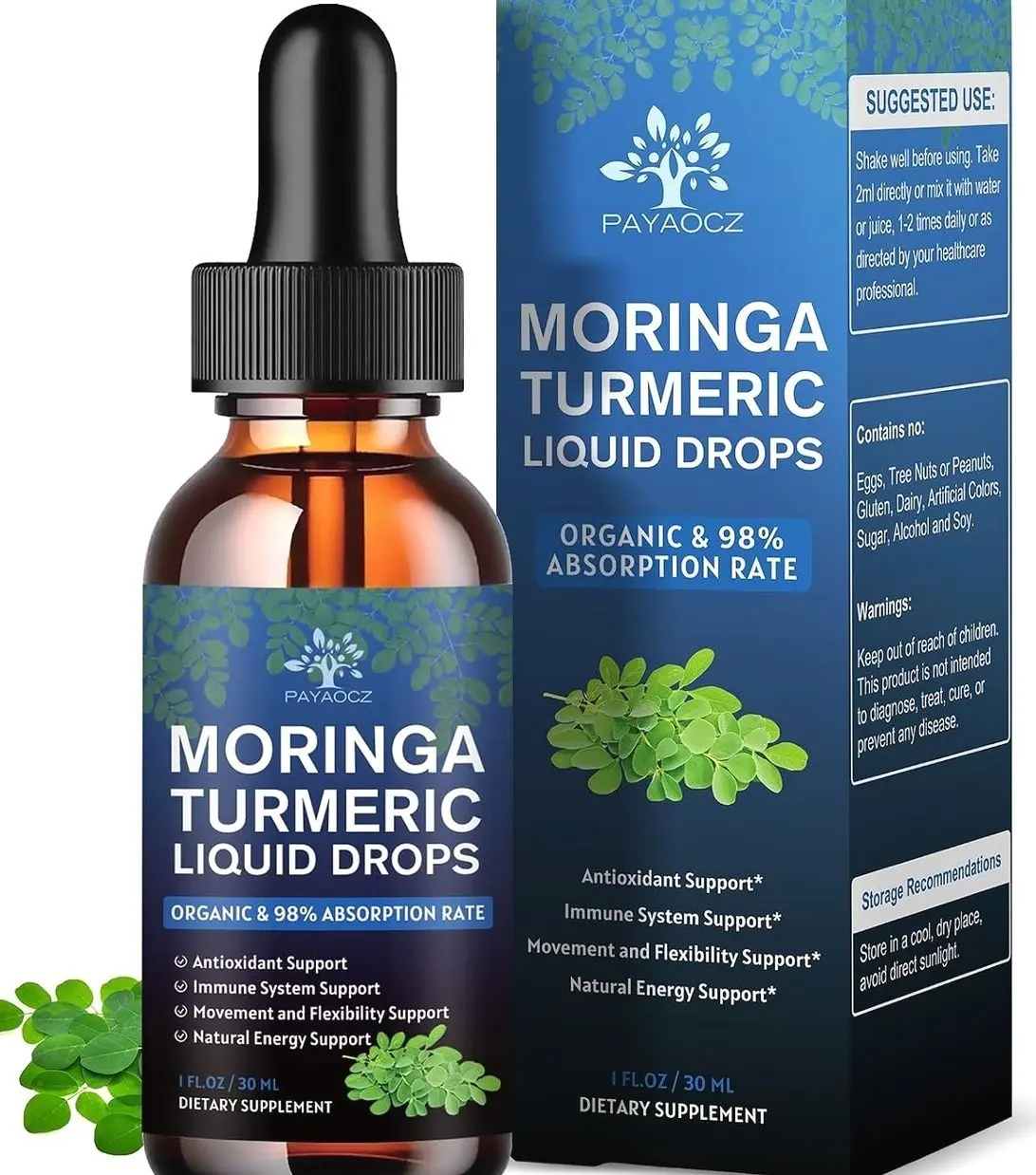 (2 Pack) Organic Moringa Leaf Extract Liquid Drops Supplement 1000mg with Turmeric and Black Pepper for Energy, Antioxidant and Skin, Green Superfood Supplement for Women Men, Vegan, 1 Fl Oz