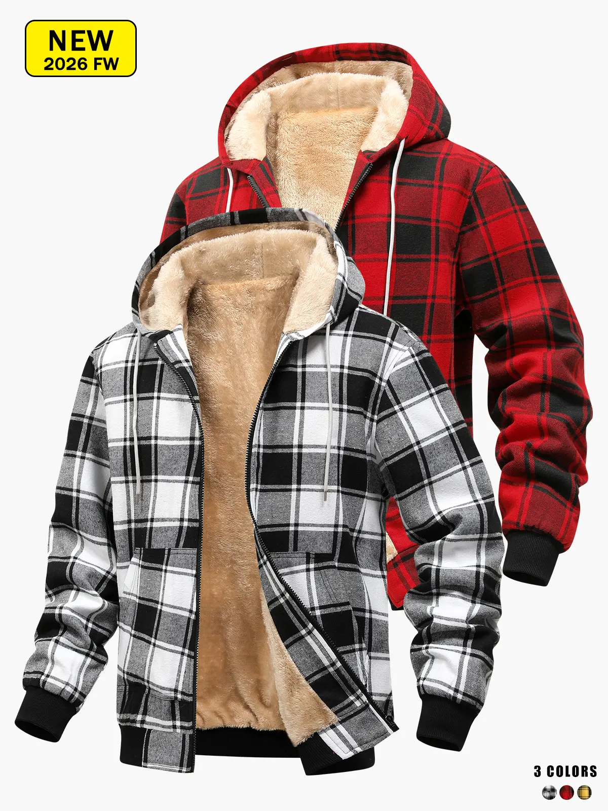 Men’s plaid zip-up hooded jacket for autumn/winter, fleece-lined for warmth, loose and comfortable, with pockets.