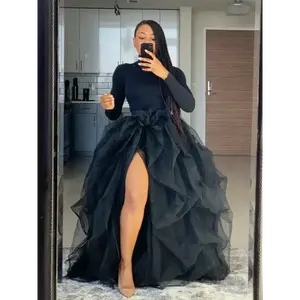 Ladies Fashionable and Elegant Layered Skirt High Waisted Skirt Feast A-Line Bubble Mesh Front Slit Princess Skirt Fabric Womenswear Bottom Palda