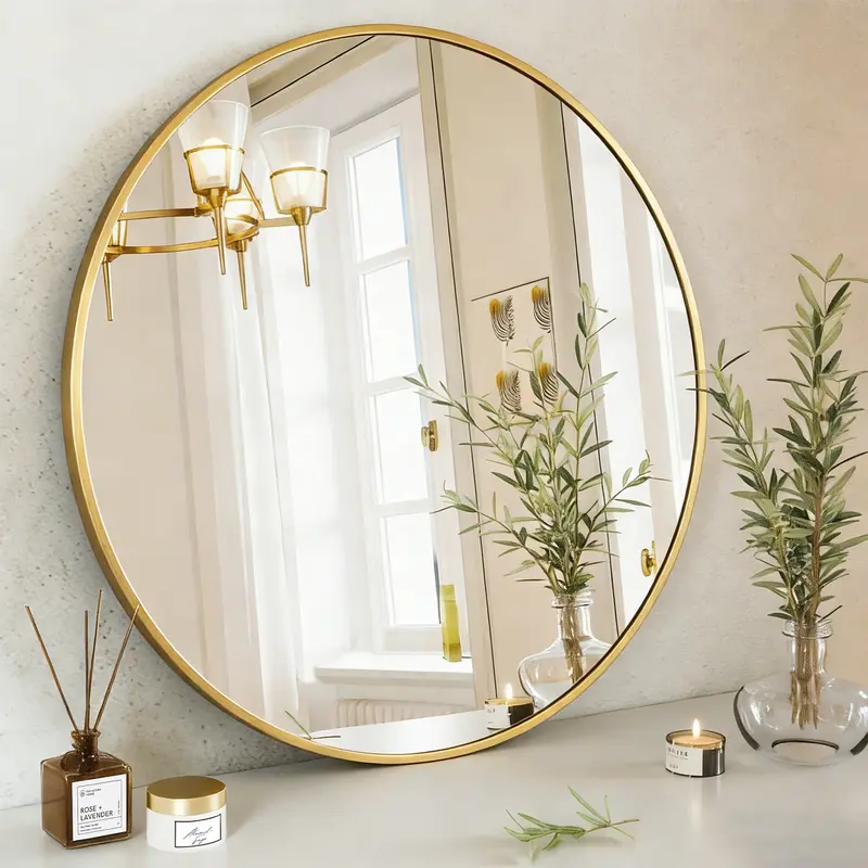 Sweetcrispy Glass & Aluminum Round Wall-Mounted Circle Vanity Mirror - Modern Minimalist Elegant Decorative, Spillsafe Bathroom Over-Sink Aesthetic Home Decor Accent