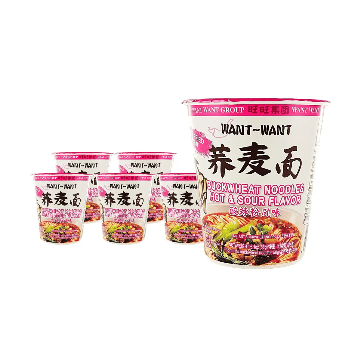 WANT WANT Taiwan Soba Noodles - Spicy & Sour Flavor (88g x 6 Pack) - Authentic Asian Instant Meal, High Soba Content