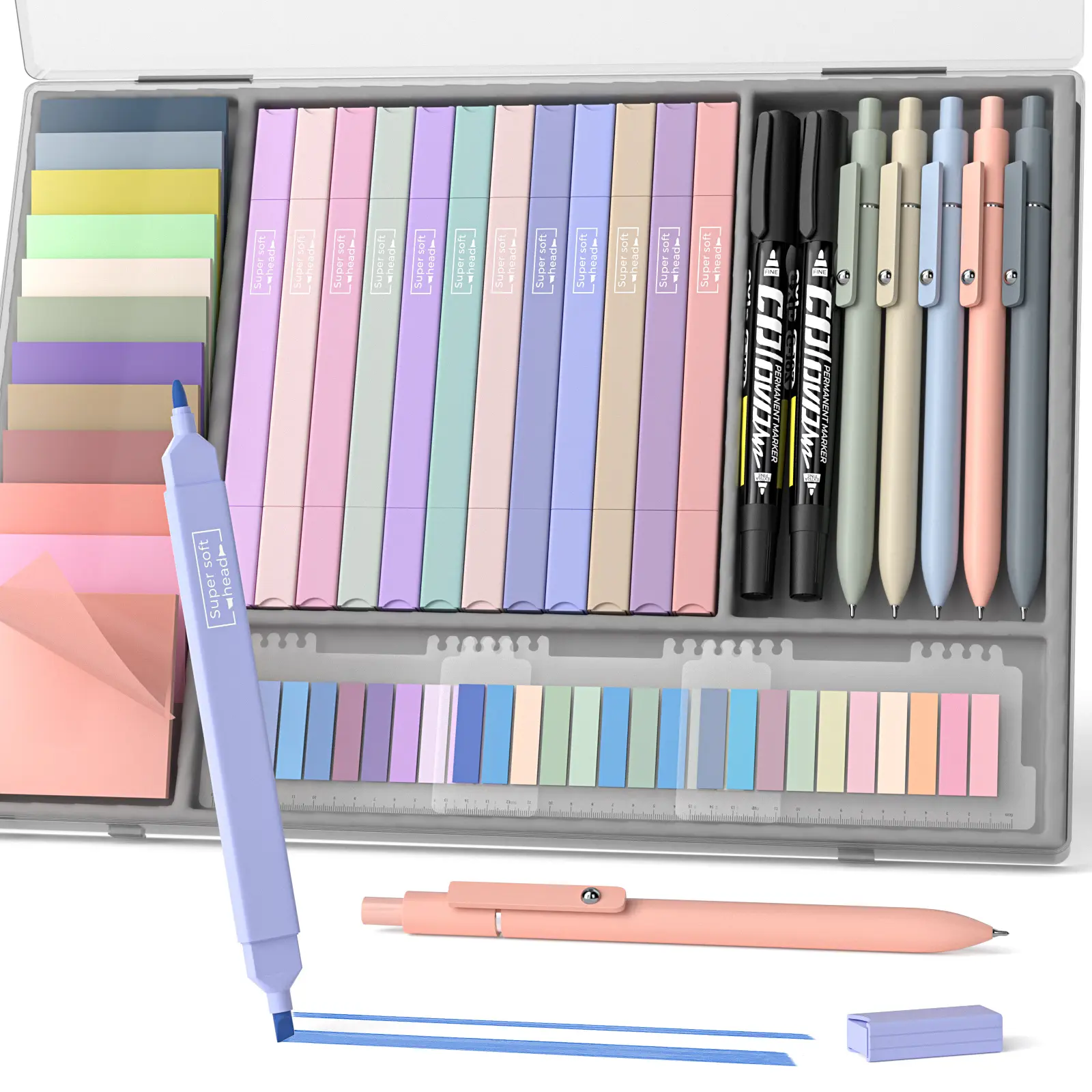 Nicpro 62-PCS Stationery Supplies Set with Case - Pastel Highlighters, Dual-Ended Markers, 600 Transparent Sticky Notes, Index Tabs, 5 Gel Pens, 5 Black Ink Pens - No-Bleed Office/College/School Supplies for Bible Study