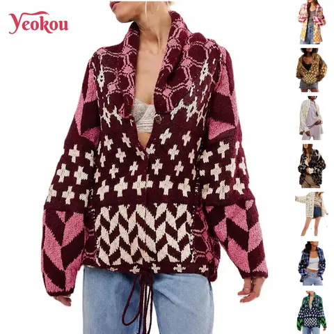 Yeokou Women's Chic Y2K Oversized Long Sleeve Button-Down Collar Graphic Knit Cardigan - Versatile Style for Pairing with Skirts, Bottoms, Vest (Fall Outerwear)