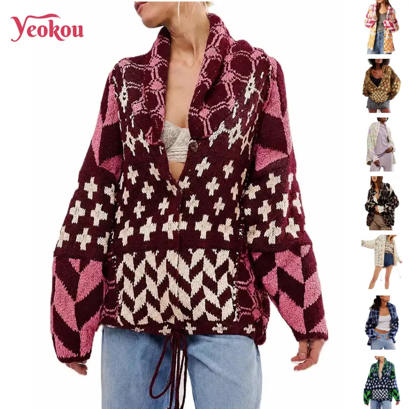 Yeokou Women's Chic Y2K Oversized Long Sleeve Button-Down Collar Graphic Knit Cardigan - Versatile Style for Pairing with Skirts, Bottoms, Vest (Fall Outerwear)