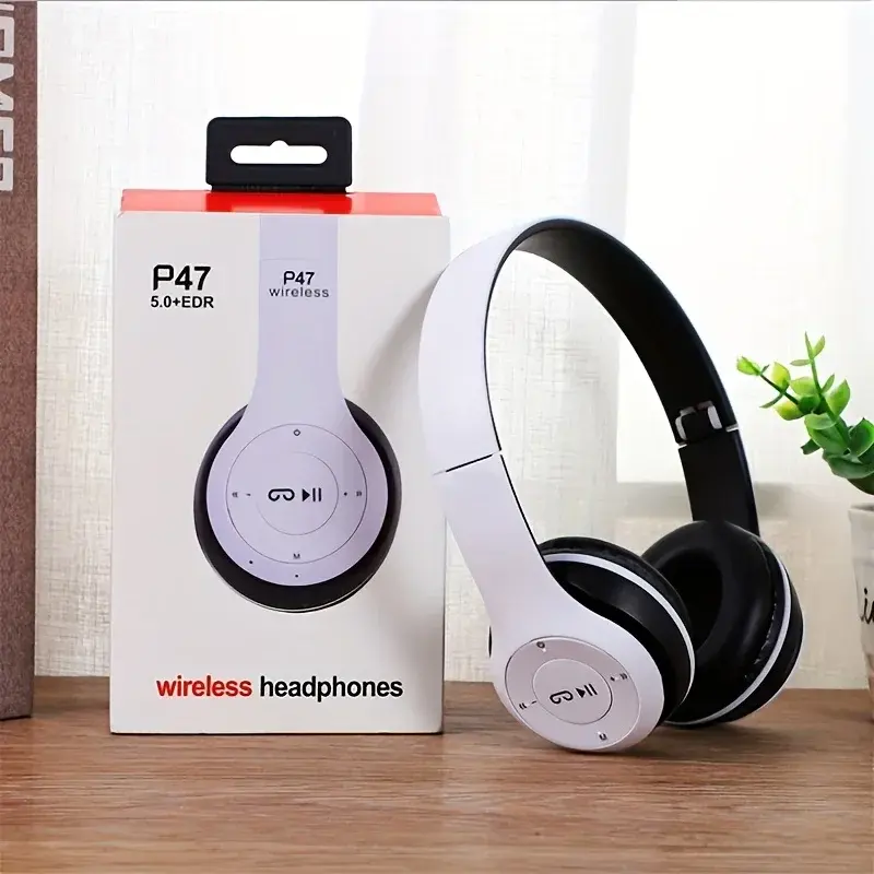 P47 Over-Ear Wireless Bluetooth 5.0 Headphones - Noise Cancelling Headset, HIFI Stereo Bass, Voice Control, Mic, USB Adaptor, Sweat Resistant, Foldable, Metal & PC Kid-Friendly Gift for iPhone Gaming, Headphones Wireless