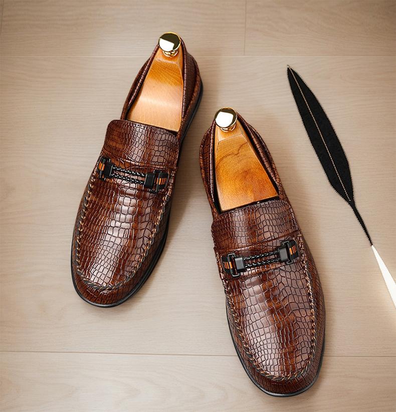 Men's Croc-Embossed Metal Bit Loafers, Black & Brown Formal Slip-On Leather Shoes25328