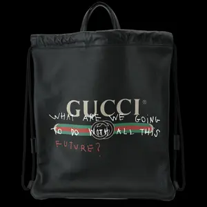 Pre-owned GUCCI Leather Backpacks Drawstring Print Backpack Bag Black 494053