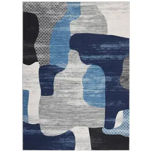 9x12 ft Polyester Fiber Imitation Cashmere Blue Rectangular Decorative Area Rug - Contemporary Rugs, Color-Block Abstract Print, Washable Surface, Multi-Room Use for Hallway, Bathroom Entryway