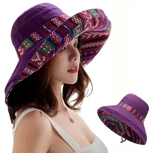 Portable Women Wide Brim Sun Hats Packable Reversible Summer Oversized Fishing Wide Brim Bucket Hats UV Protection Cotton Travel Cap with Wind-Proof Chin Strap for Hiking Garden Travel Camping