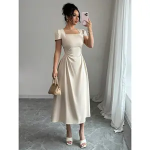 Women's Elegant Solid Color Square Neck Waist Cinched Casual/Formal Midi Dress With Puff Sleeves, Suitable For Commuting, Vacation, Afternoon Tea In Spring/Summer(Sheets)