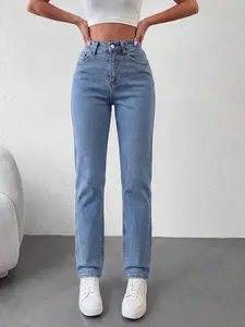 Women's Washed Denim Elastic Comfort Fabric Jeans, Straight Leg Slim Fit Long Pants, Versatile All-Season Wear, 1 Piece