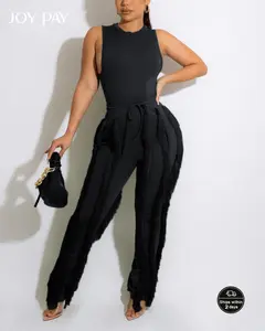 JOY PAY Women's Classic Top & Fringe Wide Leg Pants Set, Fashion Party, 2 Piece Set, Stylish and Trendy
