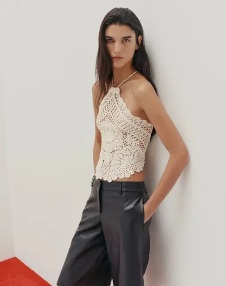 REFORMATION Thea Sheer Cotton Crochet Halter - Fior Di Latte