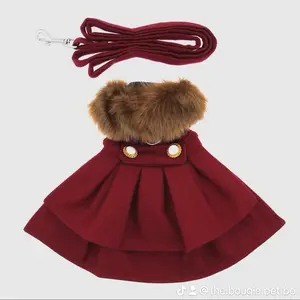 Wool Fur-Trimmed Harness Coat Burgundy pet clothes daily wear