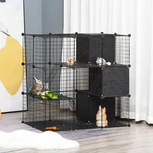 PawHut Pet Playpen Small Animal Cage 56 Panels with Doors, Ramps and Storage Shelf for Rabbit, Kitten, Guinea Pig and Ferret, Indoor Use