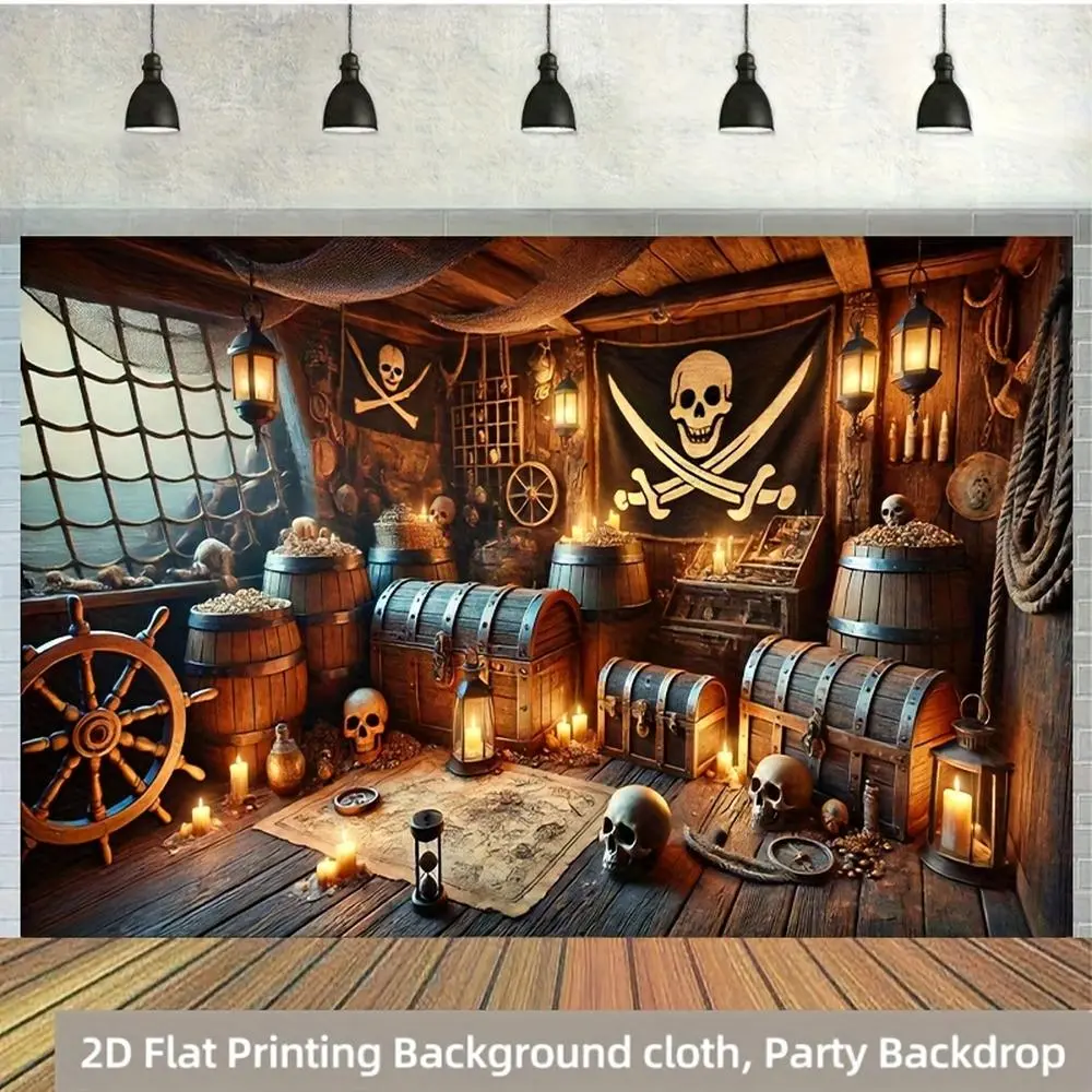 1pc 2D Flat Pirate Ship Cabin Polyester Photography Backdrop Feet Birthday Banner Flag for Cake Table Photo Booth Decorations and Portrait Shoots Outdoor Celebrations Multi - Use No Power Required