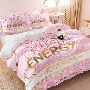 Sweet Cool Style Decorative Duvet Cover Set, Includes One Quilt Cover and Pillowcase, “Bad B*tch Energy” Letter Print Comforter Cover, Fashion Warm Bedroom Bedding