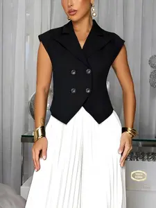 Women's Fashionable Notched Collar Vest, Slim Fit, Double Button Closure, Sleeveless Design, Lightweight, Casual & Elegant Style