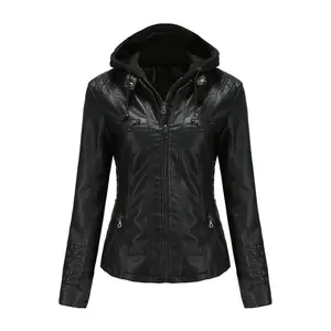 Women's Black PU Leather Biker Jacket with Removable Hood Faux Leather Motorcycle Coat Long Sleeve Street Fashion S-XL Outerwear