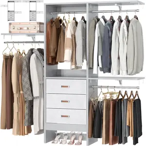5FT Small Closet System with 3 Fabric Drawers, 60'' Walk In Closet Organizer System With 3 Adjustable Shelves, Heavy Duty Clothes Rack Built-In Garment Rack, 59" L x 16" W x 71"H, Grey