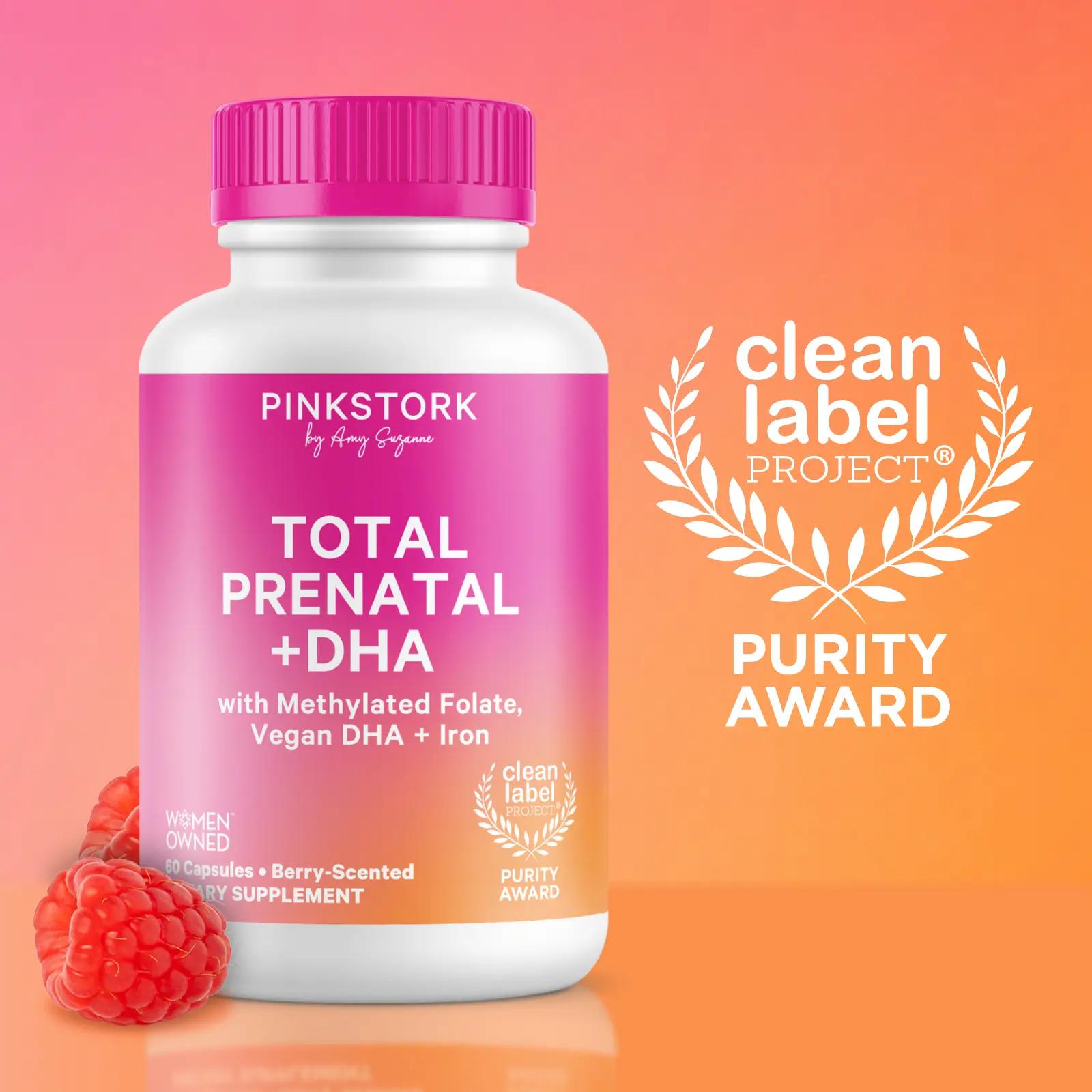 Pink Stork Prenatal Vitamins | Clean Label Award | DHA, Iron, Methylated Folate, B6, B12, Choline, Vitamin D | Berry or Mint Scented | Pregnancy Support Essentials | Vegan, Gluten-Free, Non-GMO | 60 Capsules, 1 Month Supply