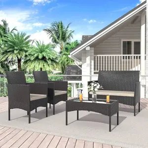 4-Piec Rattan Outdoor Furniture Patio Conversation Set For Backyard, Porch, Poolside W/Coffee Table-Sand
