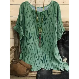 Plus Size Women's Elegant Leaf Print Loose-Fit Lounge Top - Breathable Polyester, Machine Washable, Mustard Yellow with Green Leaves Design, Perfect for Summer Comfort Womenswear Blouses