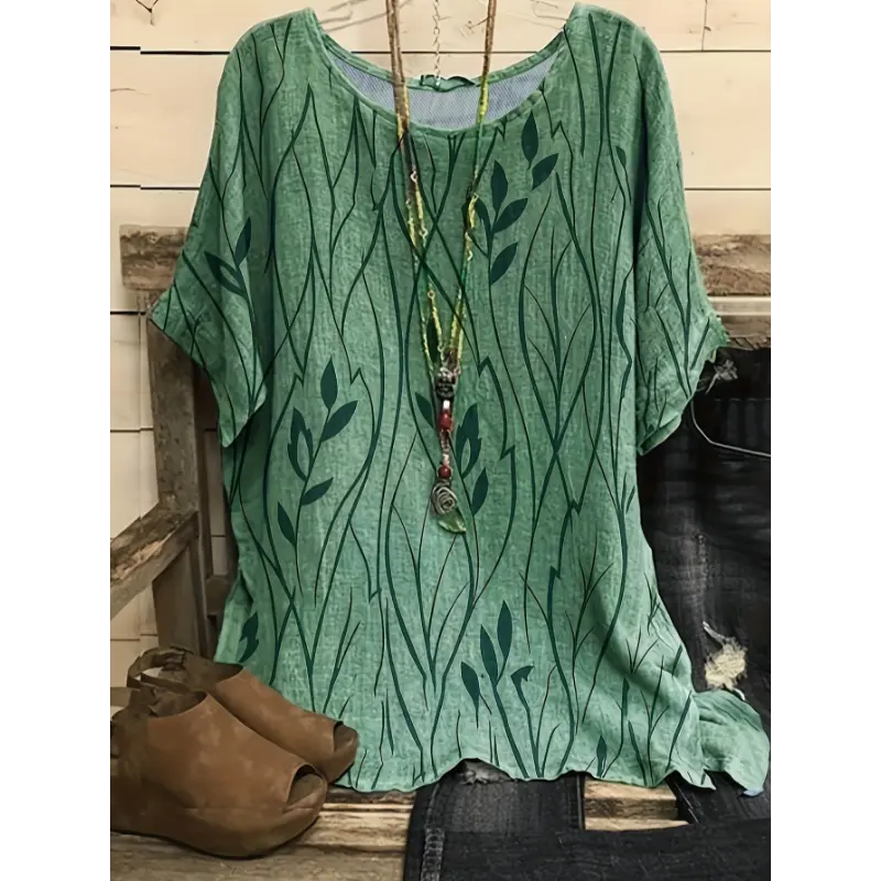 Plus Size Women's Elegant Leaf Print Loose-Fit Lounge Top - Breathable Polyester, Machine Washable, Mustard Yellow with Green Leaves Design, Perfect for Summer Comfort Womenswear Blouses