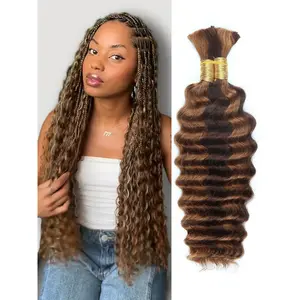 4/30 Bronze Gold Human Braiding Hair Deep Wave Bulk,Highlight No Weft Curly Braiding Hair Extensions for Boho Braids Wet and Wavy Braiding Human Hair Bundl