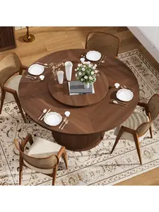 Round dining table measuring 55 inches with seating for six, equipped with a double-tiered storage rack and a rotating tabletop tray. Doors de bois à lames ondulées Suitable for home dining room or living room (walnut).