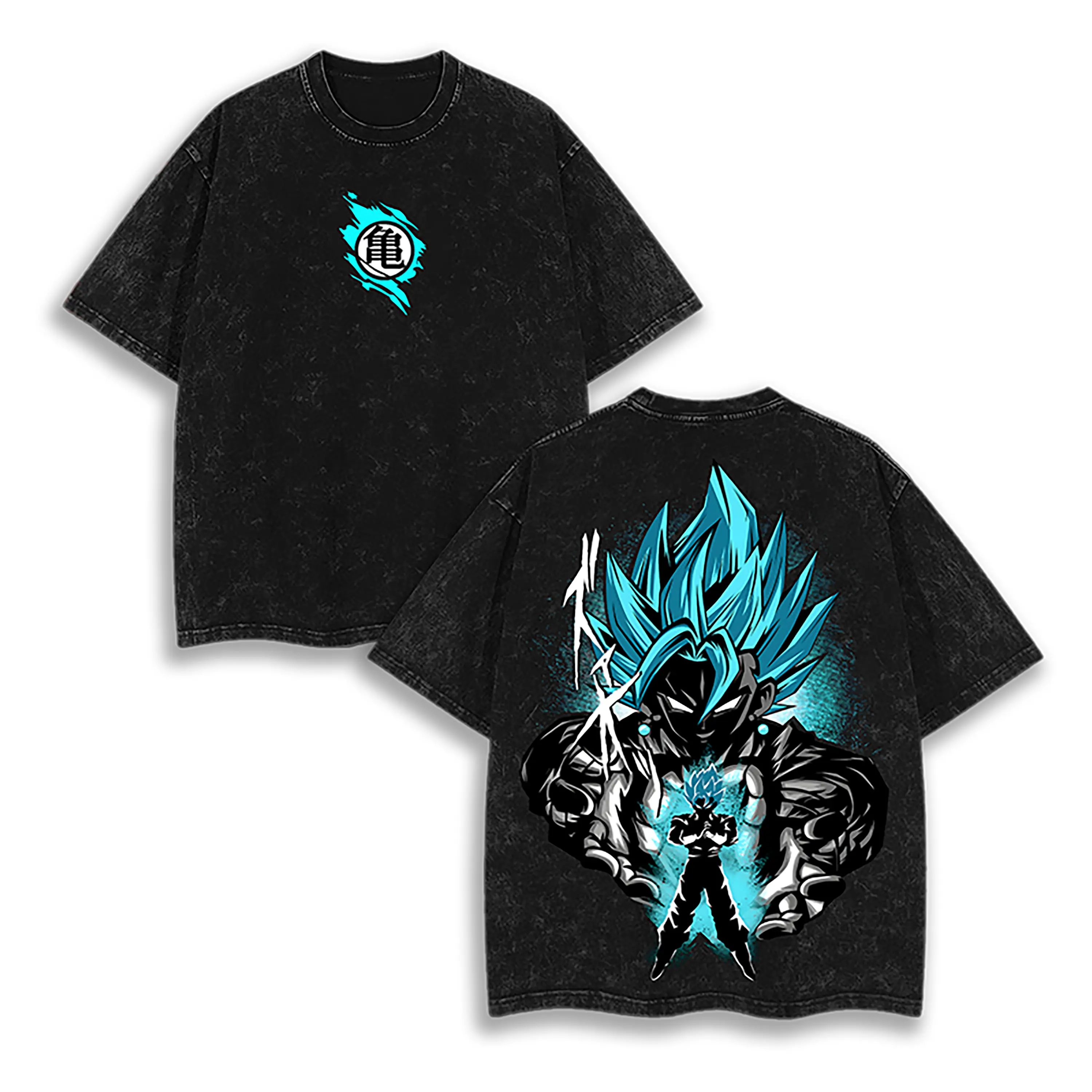 Men's Cotton Vegito Super Saiyan Blue Retro Acid-Washed Graphic T-Shirt - DBZ Anime Aesthetic Streetwear, Loose Oversize Relaxed Fit Short-Sleeve Top, Machine Washable Fashion Outfits for Joggers, Tee, Fabric, Round Neck