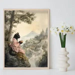 Black Cat in Kimono Poster, Japanese Tea Wall Art, Mount Fuji Cat Decor, Zen Aesthetic Print, Japan Landscape Cat, Peaceful Home Decor, Unframed