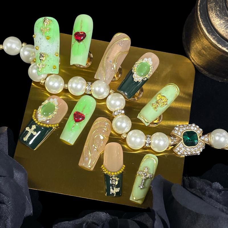 BByogooz Handmade Press On Nails Middle/Long Square Acrylic Fake Nails Green French Luxury Style with 3D Flower, Cross Angel Art Design | Gift for Women & Girls