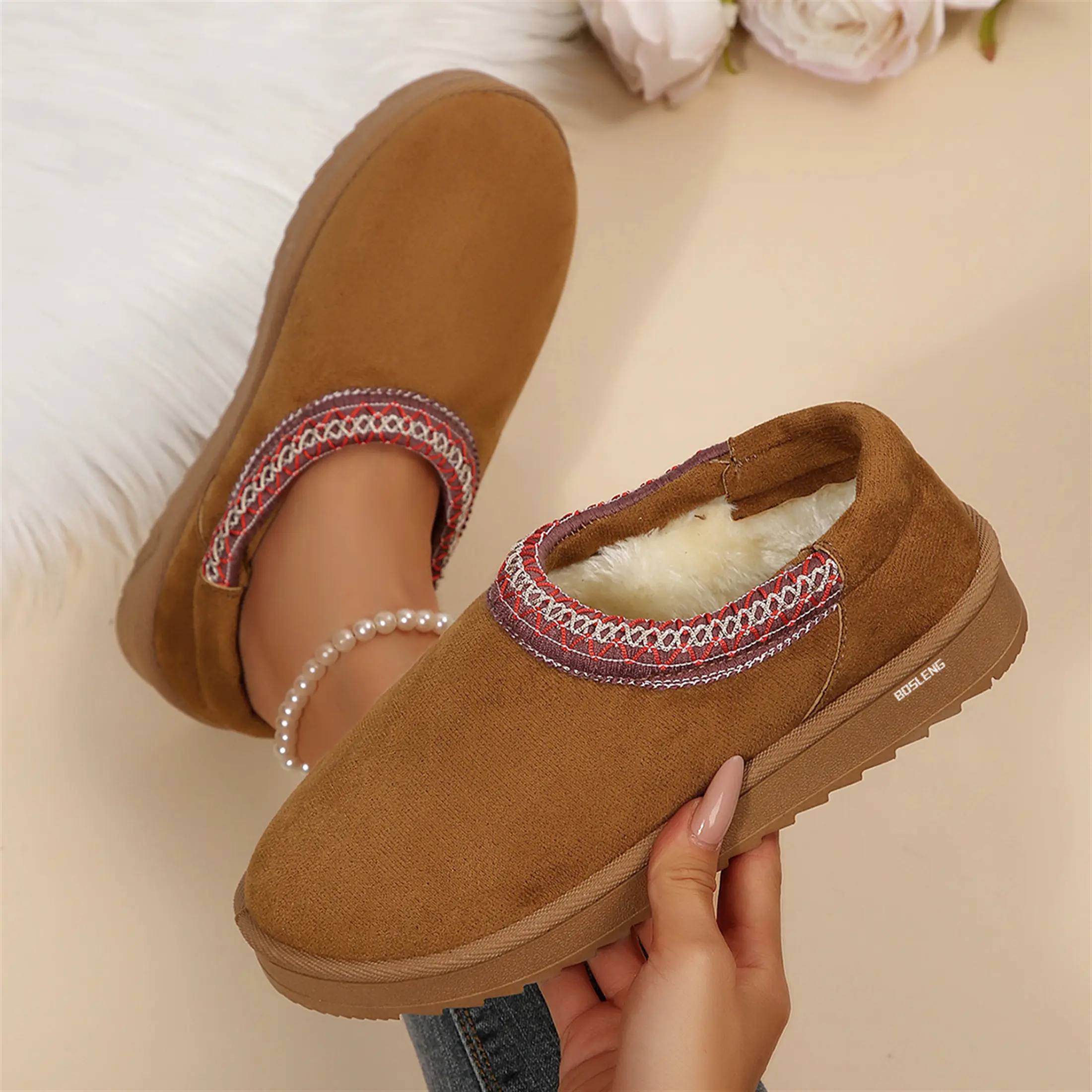 Women's Platform Mini Boots Short Ankle Boot Plush Lined House Slippers Slip-On Boot For Indoor Outdoor