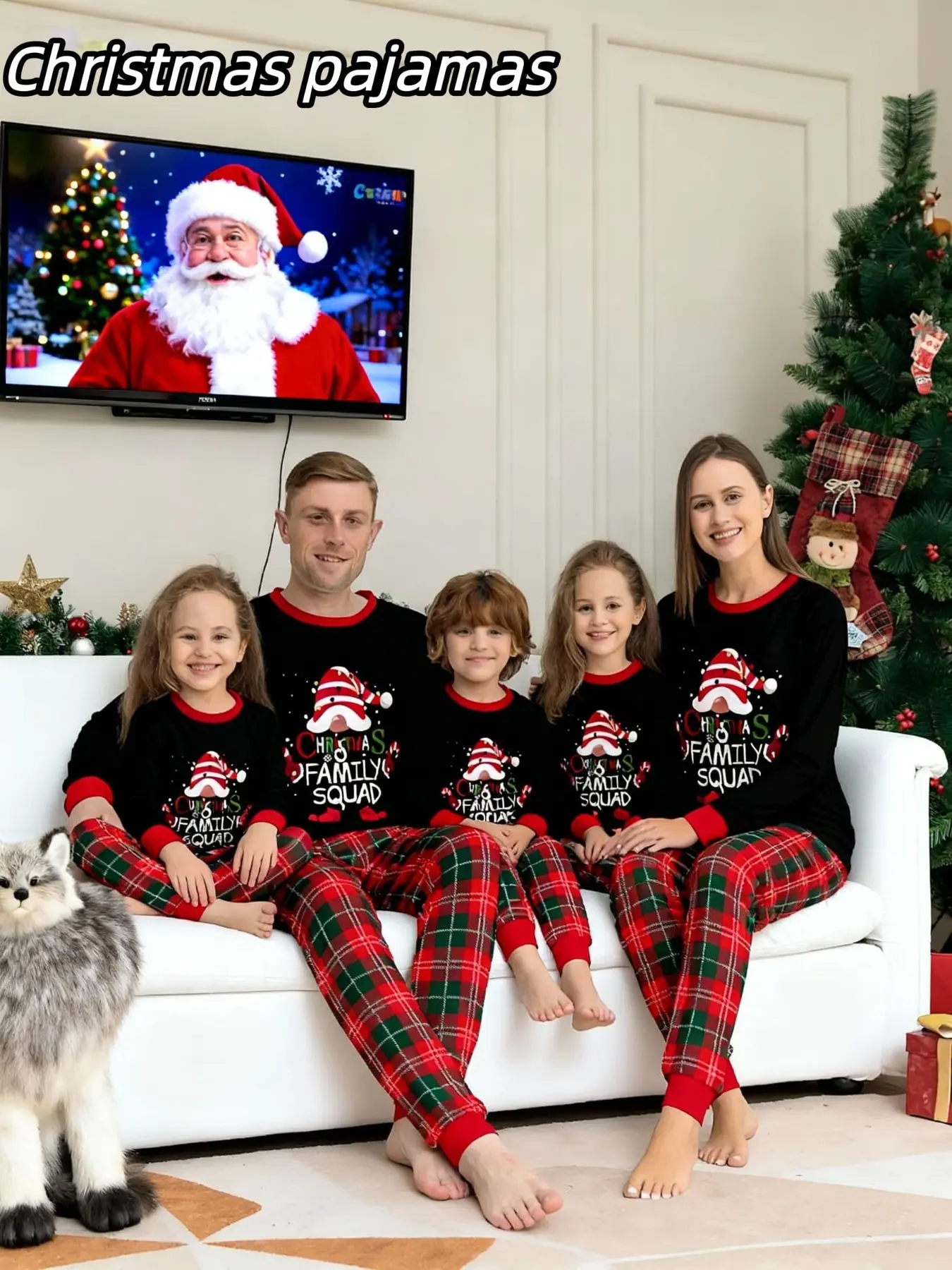 Family Christmas Pajamas Set, 2-Piece Holiday, Cartoon Santa Top, Striped Pants, Men Women Kids Sleepwear