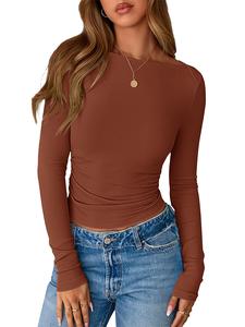 BTFBM Womens Long Sleeve Tops Fall Fashion Ribbed Slim Fit Y2K Boat Neck T Shirts Casual Going Out Workout Outfits