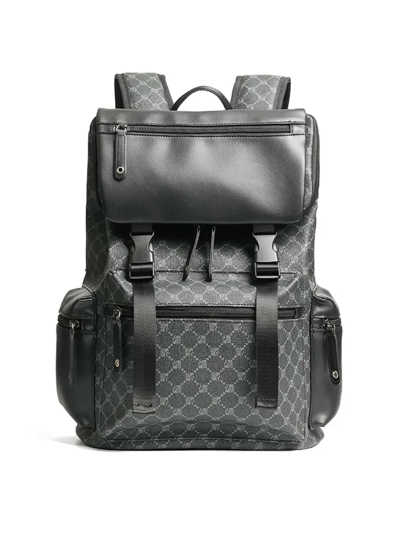 High Capacity Men's Commuter Travel Backpack, Dark Grey with Front Flap Compartment and PU Leather Trim, Multi-Compartment Durable Rucksack for College and Daily Use