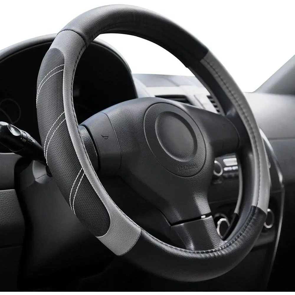 Automotive Sporty Leather Steering Wheel Cover - 14 1/2-15 in Universal Fit Car Accessory, Padded Soft Breathable Perforated Anti-Slip Odorless Black & Gray Grip for SUVs, Easy-Install Interior Decoration